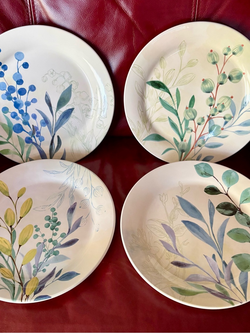 Decorative Botanical Leaves Ceramic Plates - Set of 4, Blue & Green